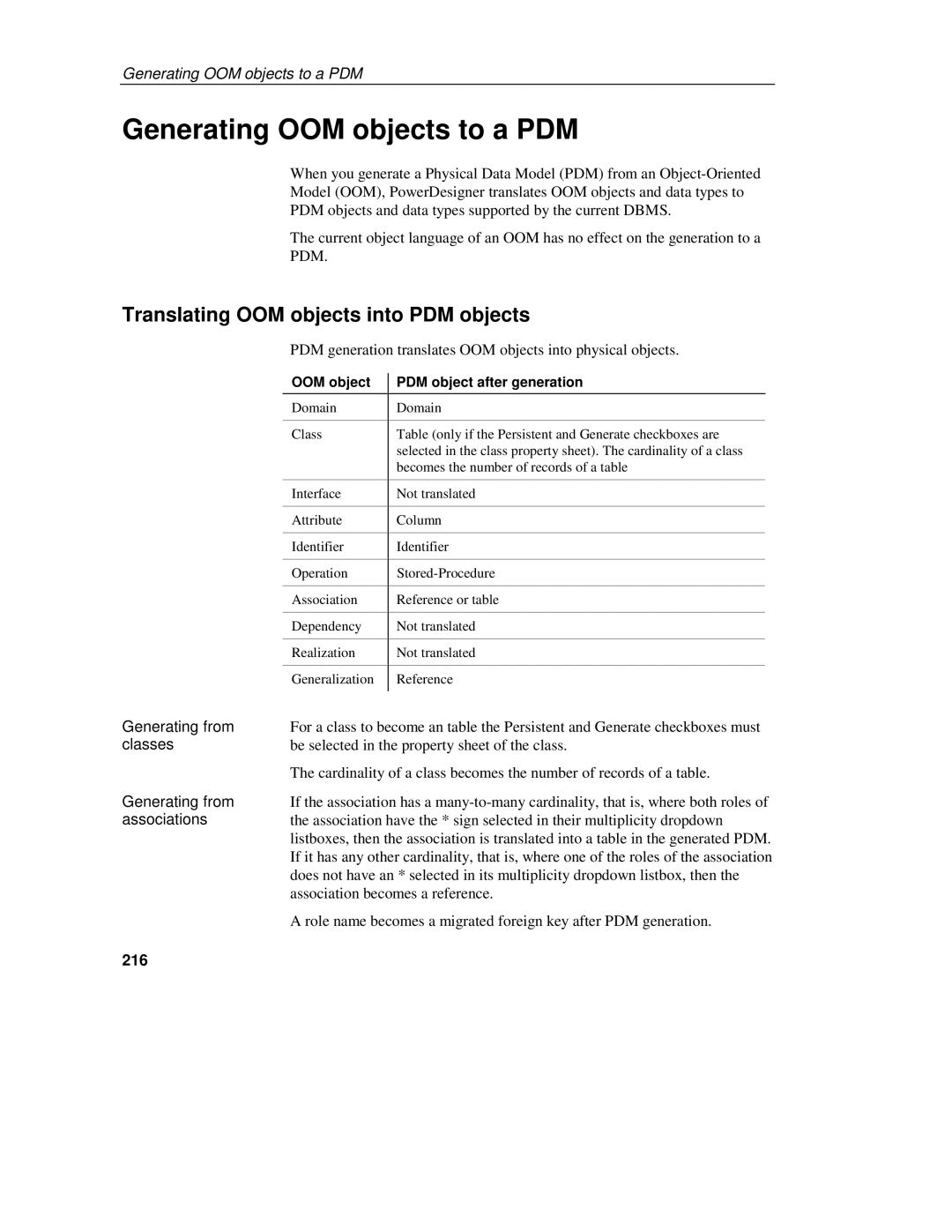 Sybase 7.5 Generating OOM objects to a PDM, Translating OOM objects into PDM objects, Generating from, Associations, 216 