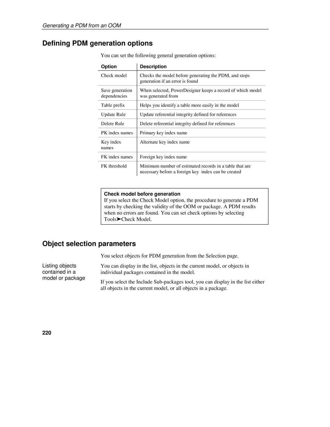 Sybase 7.5 manual Defining PDM generation options, You select objects for PDM generation from the Selection, 220 