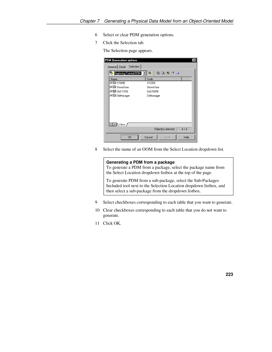 Sybase 7.5 manual Generating a PDM from a package, 223 