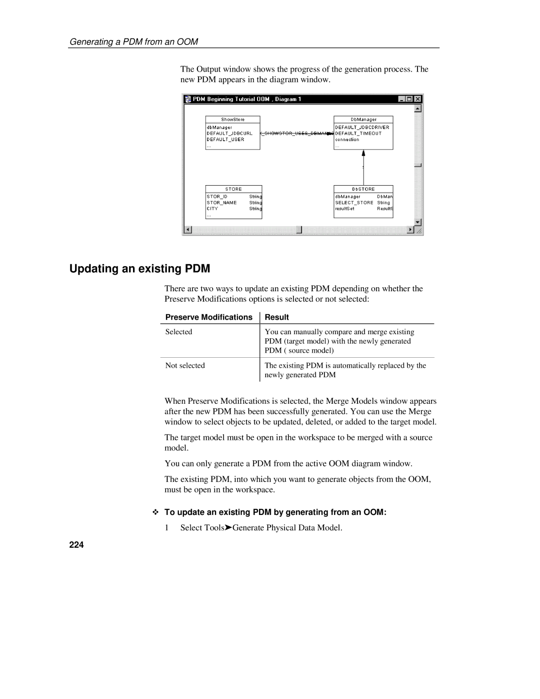 Sybase 7.5 manual Updating an existing PDM, To update an existing PDM by generating from an OOM, 224 