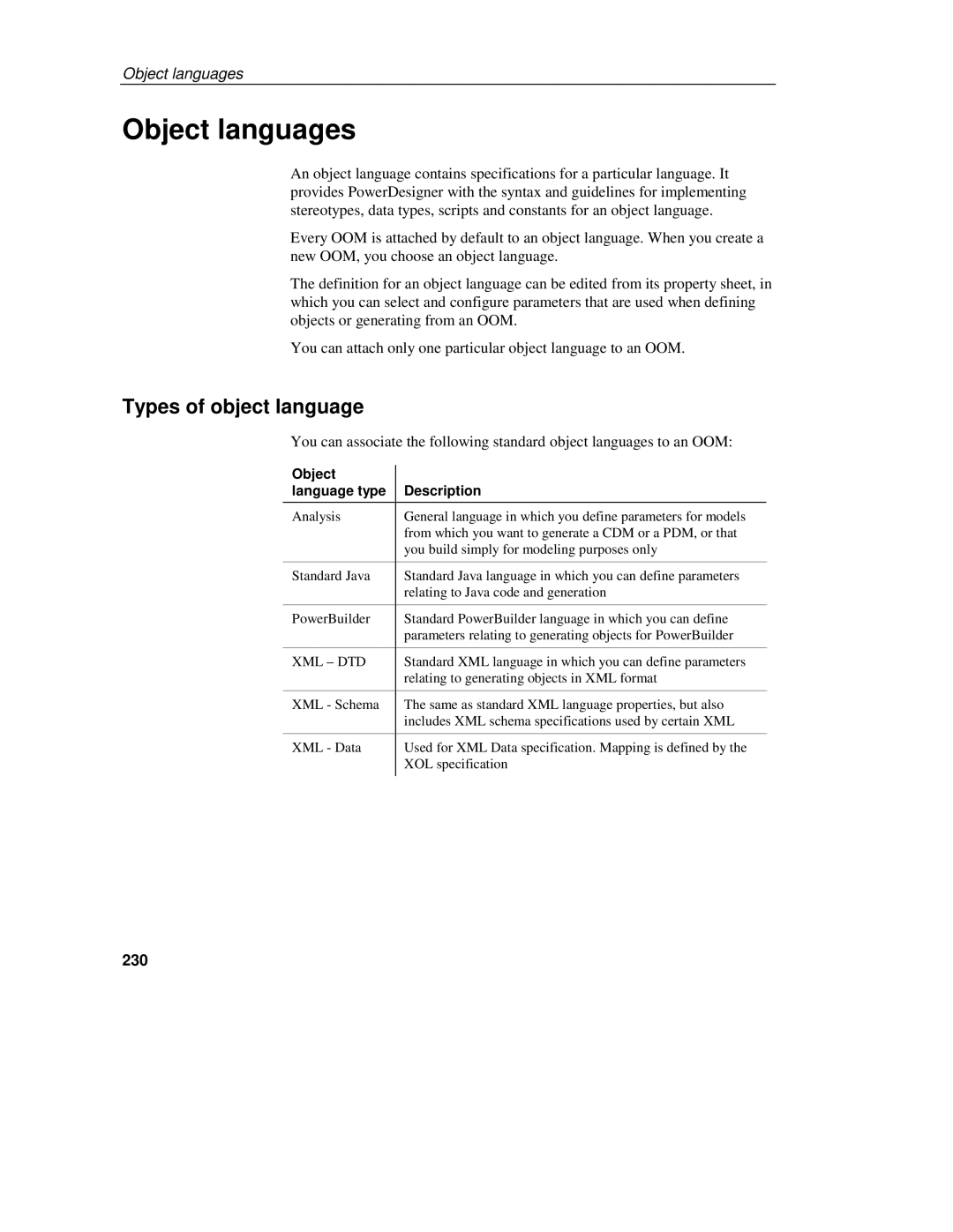 Sybase 7.5 manual Object languages, Types of object language, 230, Object language type 