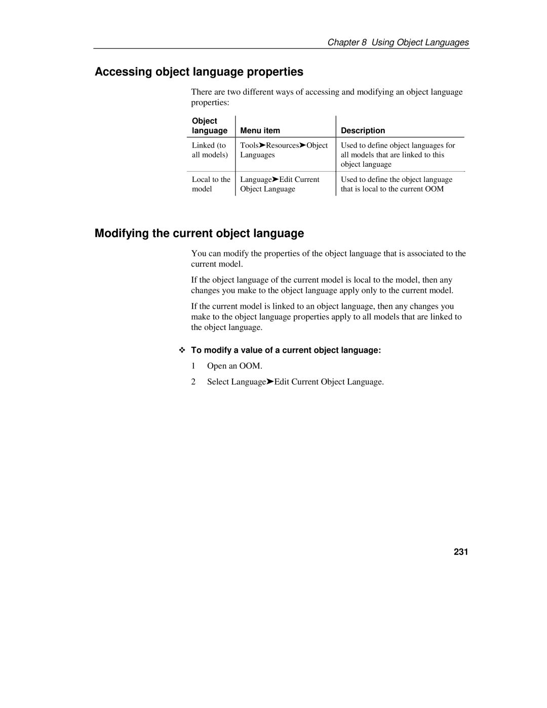 Sybase 7.5 manual Accessing object language properties, Modifying the current object language, 231 