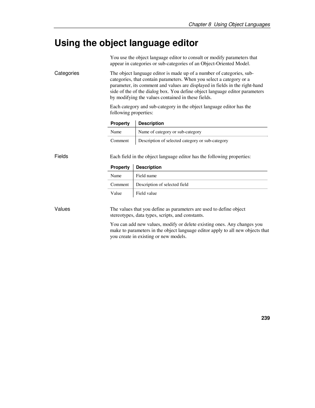 Sybase 7.5 manual Using the object language editor, Categories, Fields, Values, 239 