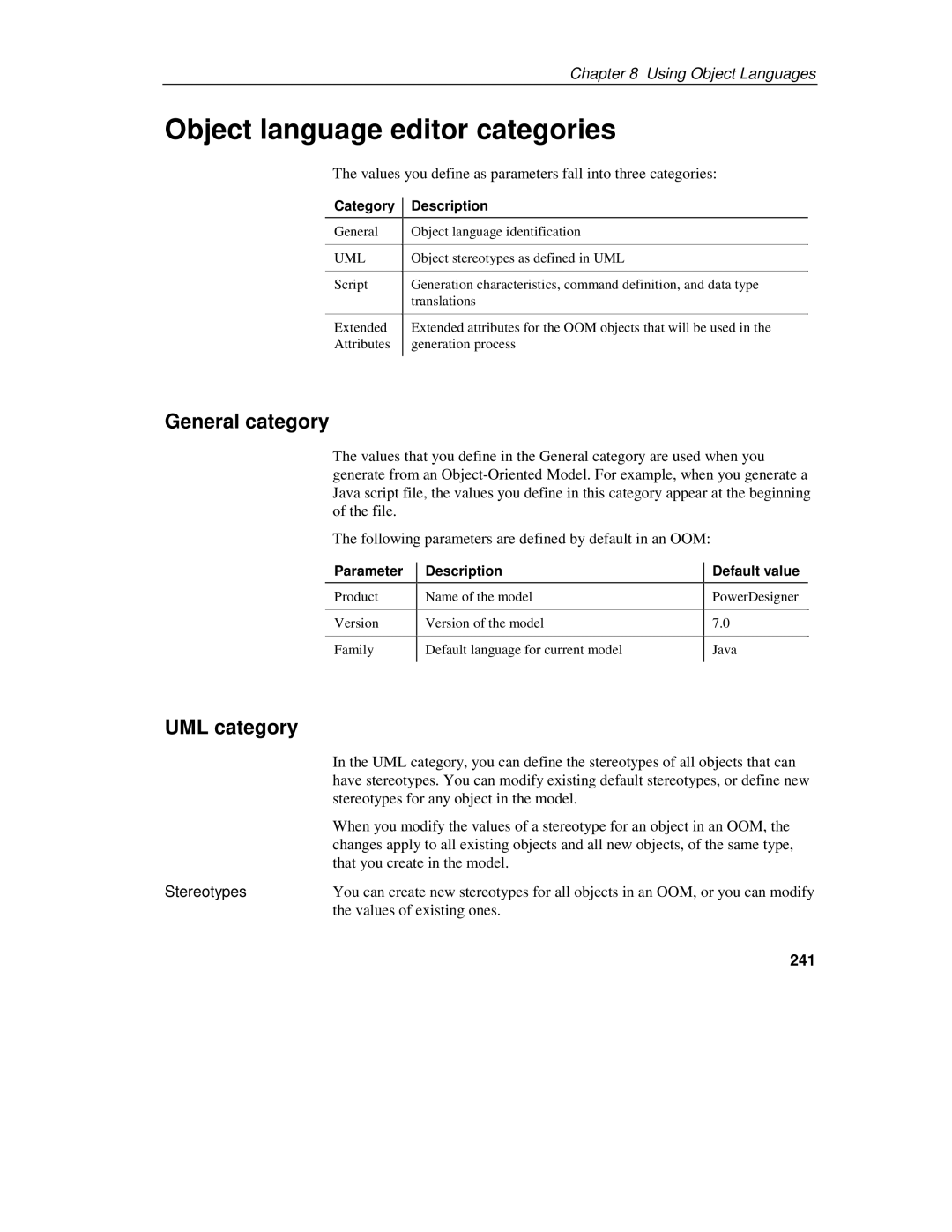 Sybase 7.5 manual Object language editor categories, General category, UML category, Stereotypes, 241 