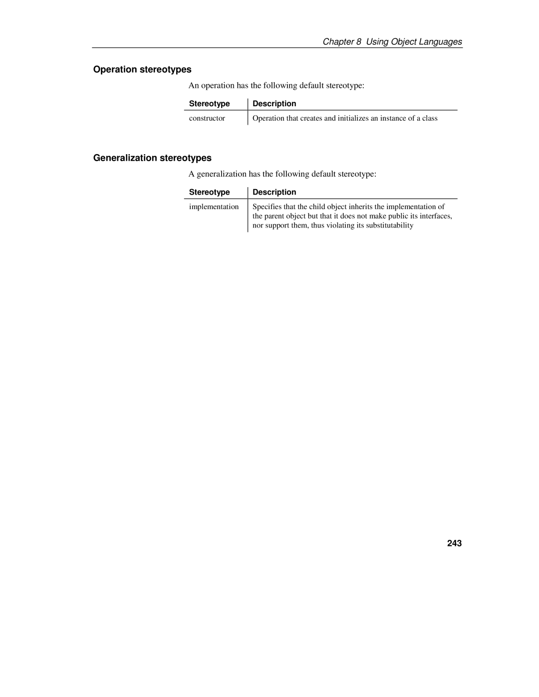 Sybase 7.5 manual Operation stereotypes, Generalization stereotypes, An operation has the following default stereotype, 243 