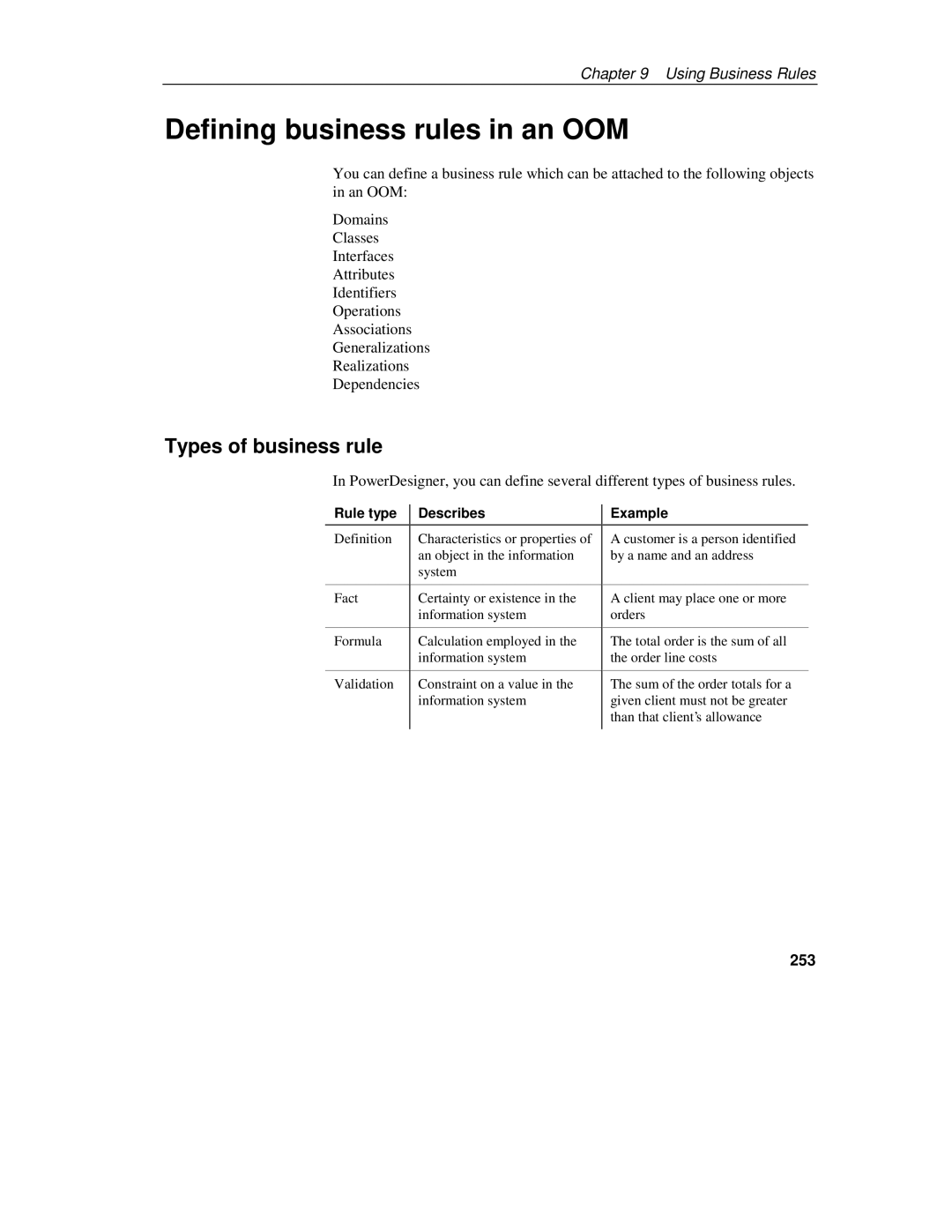 Sybase 7.5 manual Defining business rules in an OOM, Types of business rule, 253, Rule type, Describes 