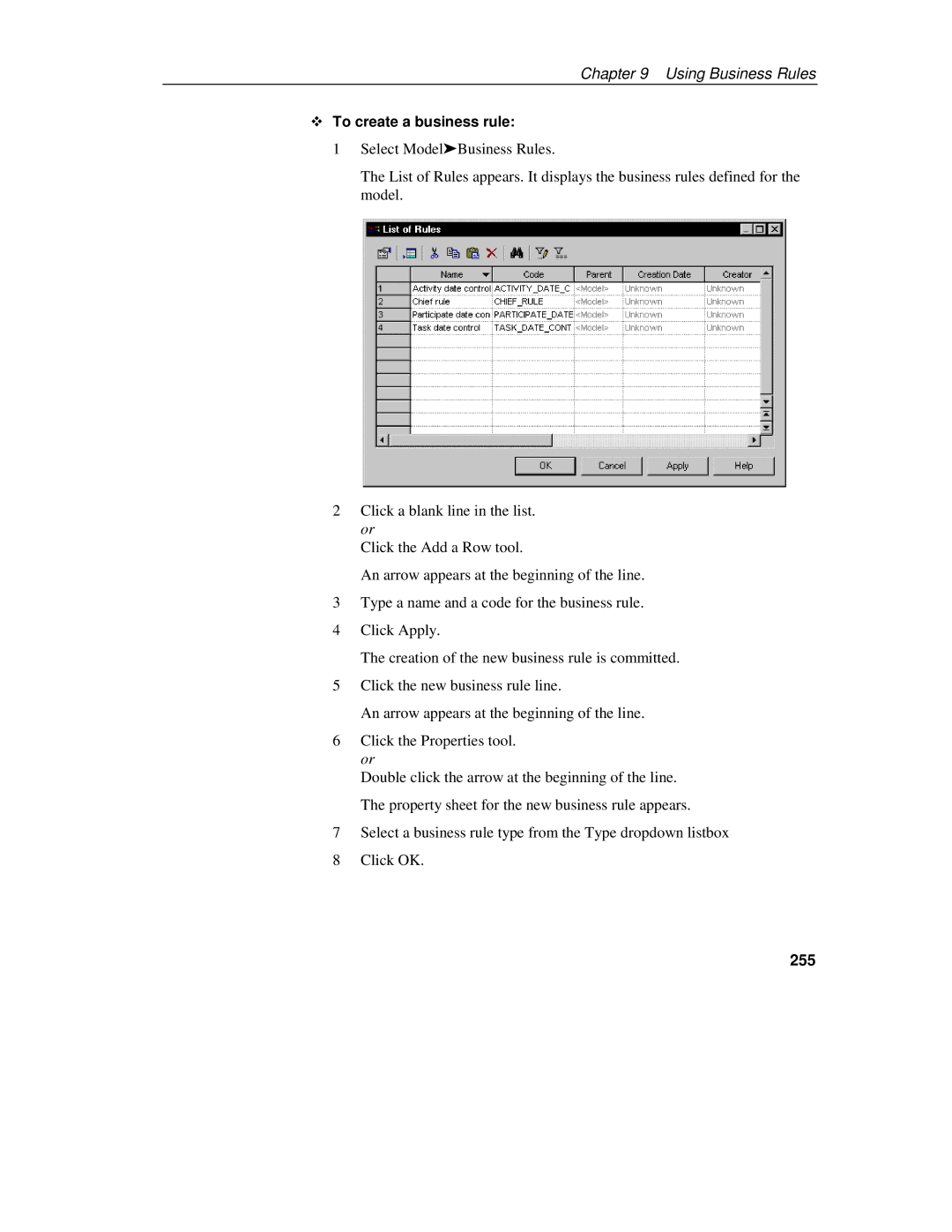 Sybase 7.5 manual To create a business rule, 255 