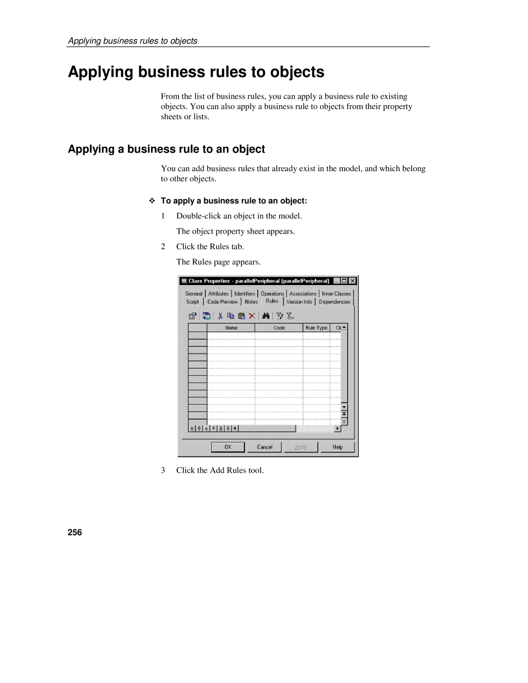 Sybase 7.5 manual Applying business rules to objects, Applying a business rule to an object, 256 