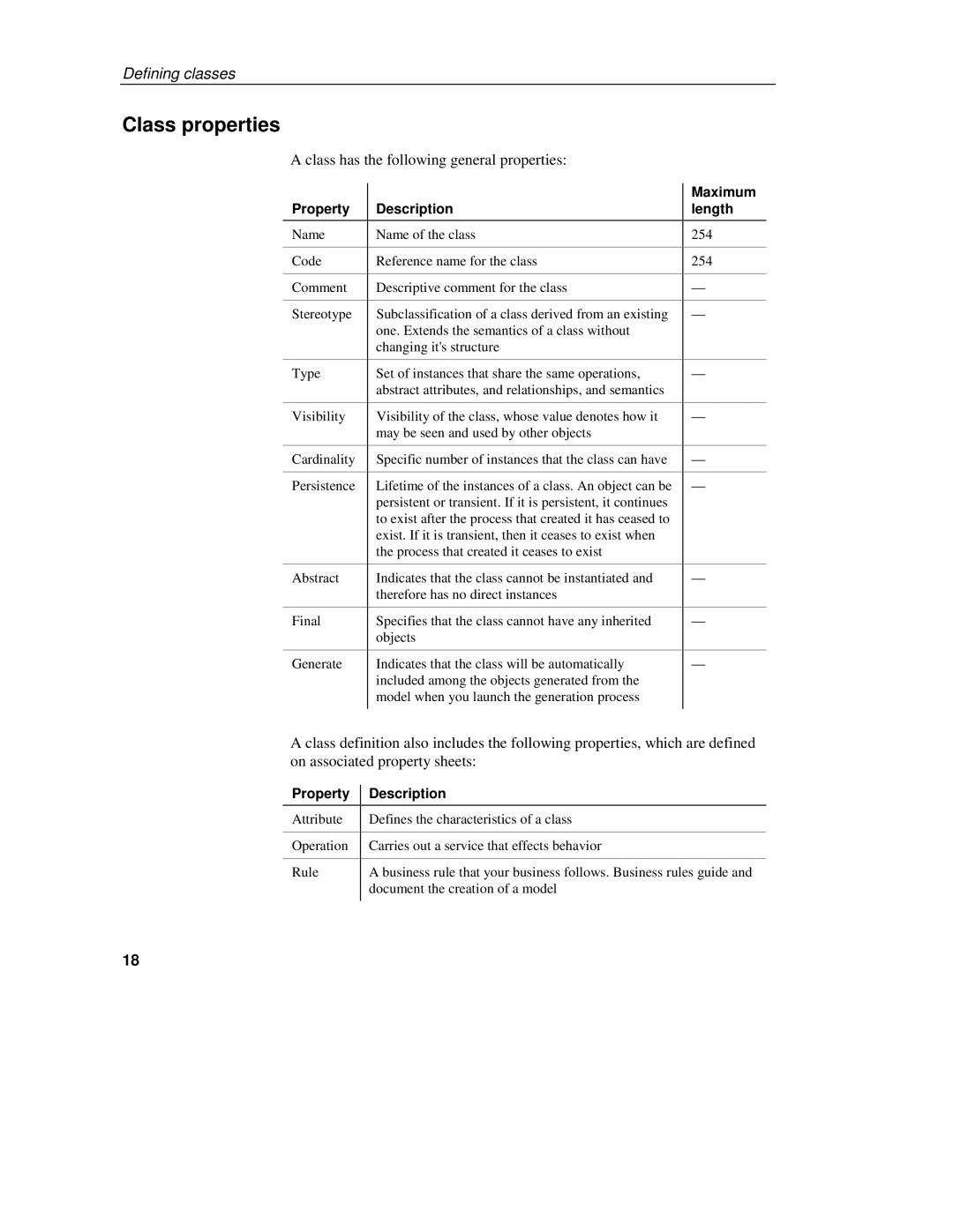 Sybase 7.5 manual Class properties, Class has the following general properties, Property Description, Maximum length 