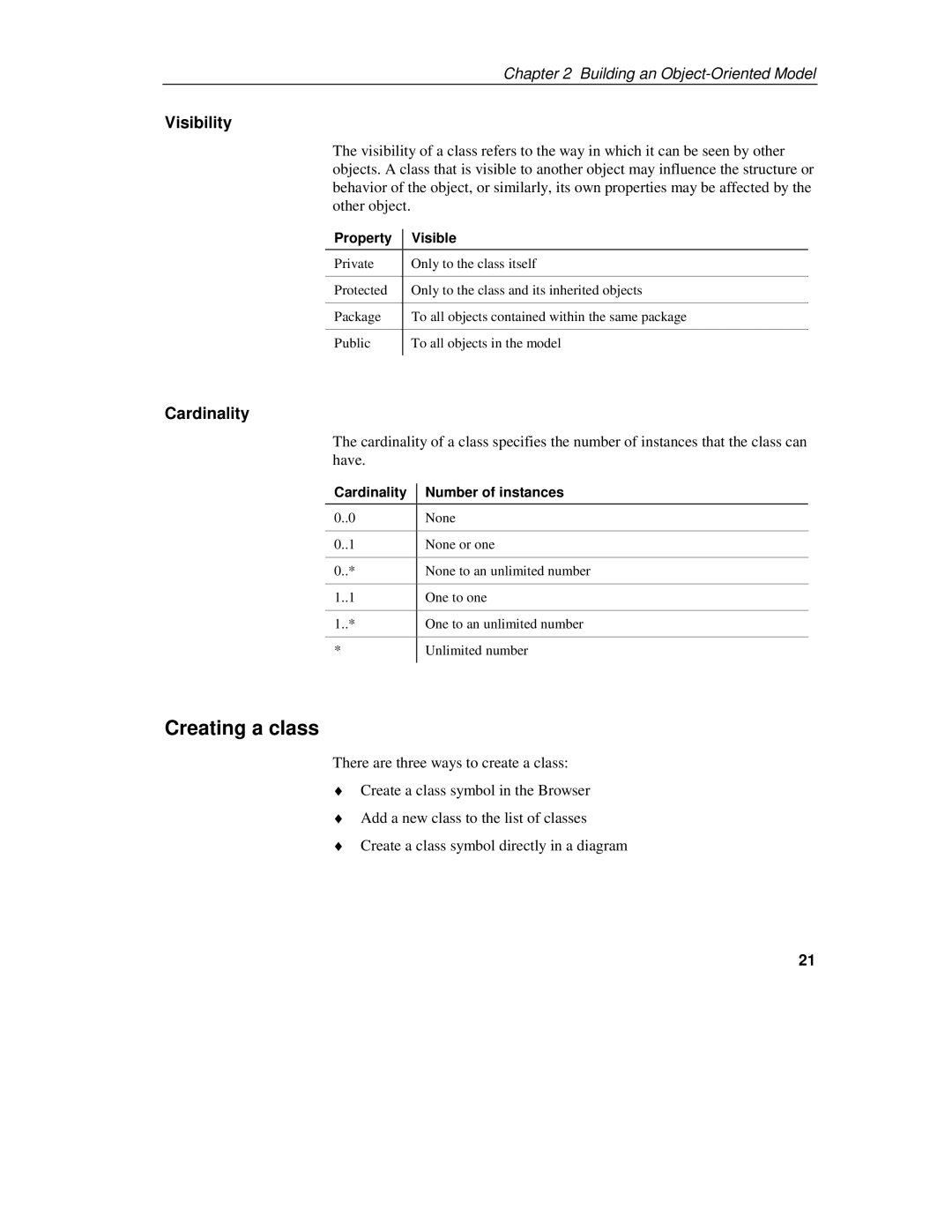 Sybase 7.5 manual Creating a class, Visibility, Visible, Cardinality Number of instances 