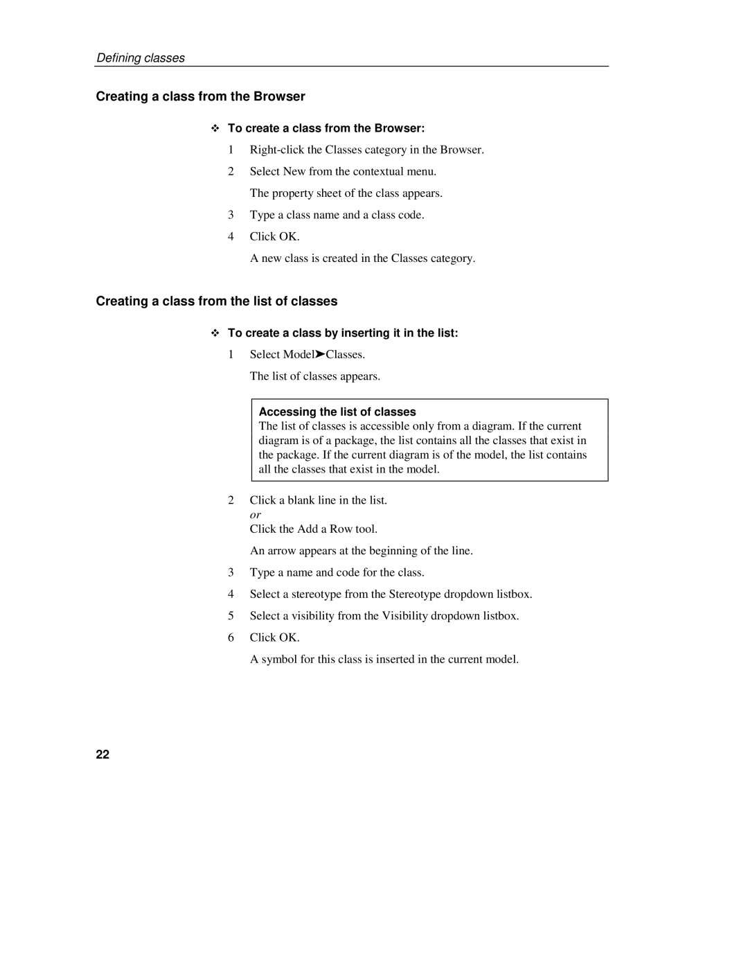 Sybase 7.5 Creating a class from the Browser, Creating a class from the list of classes, Accessing the list of classes 