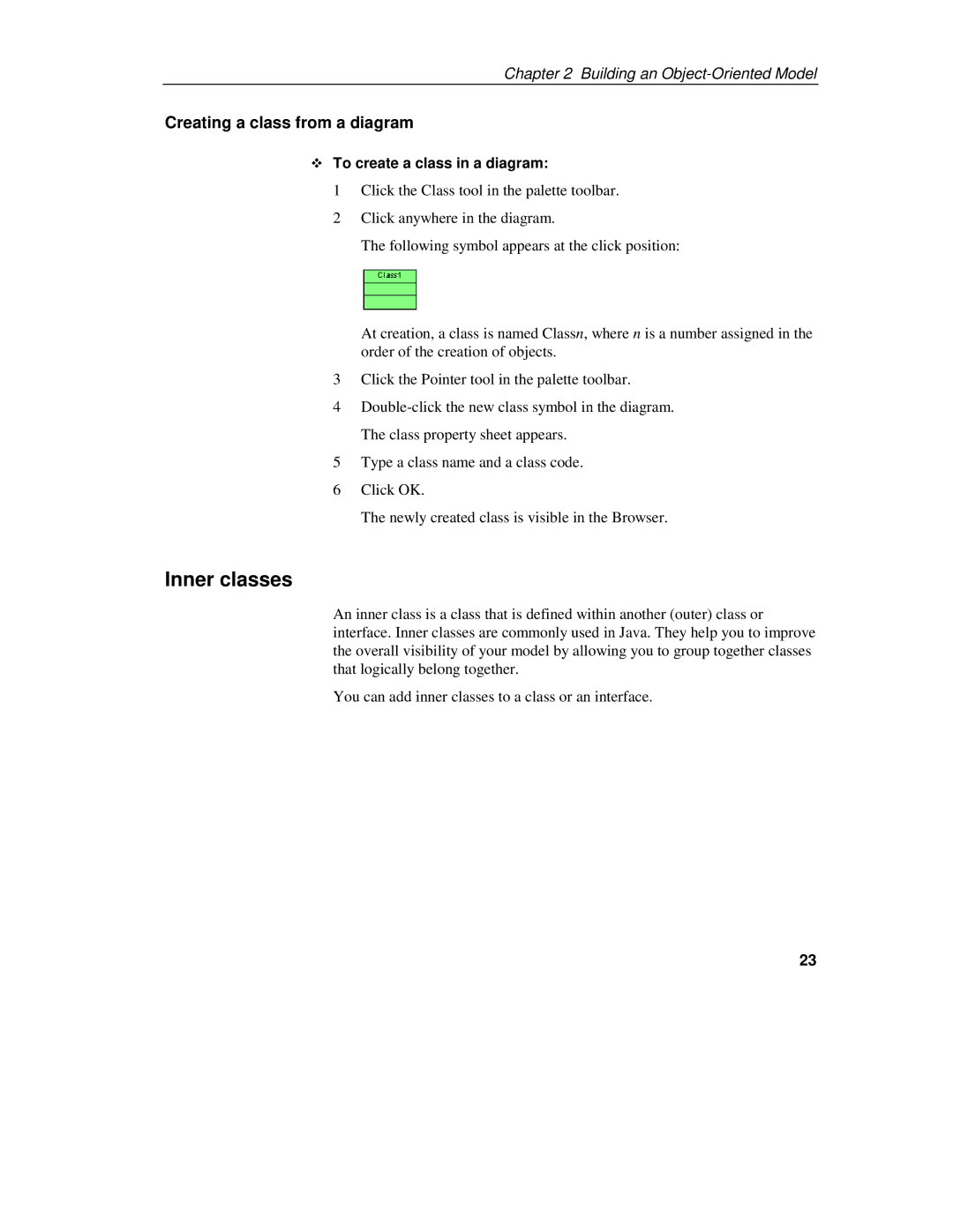 Sybase 7.5 manual Inner classes, Creating a class from a diagram, To create a class in a diagram 