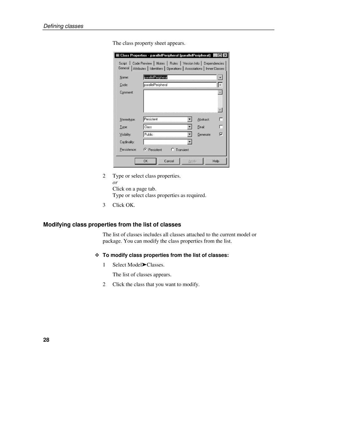 Sybase 7.5 manual Modifying class properties from the list of classes, To modify class properties from the list of classes 