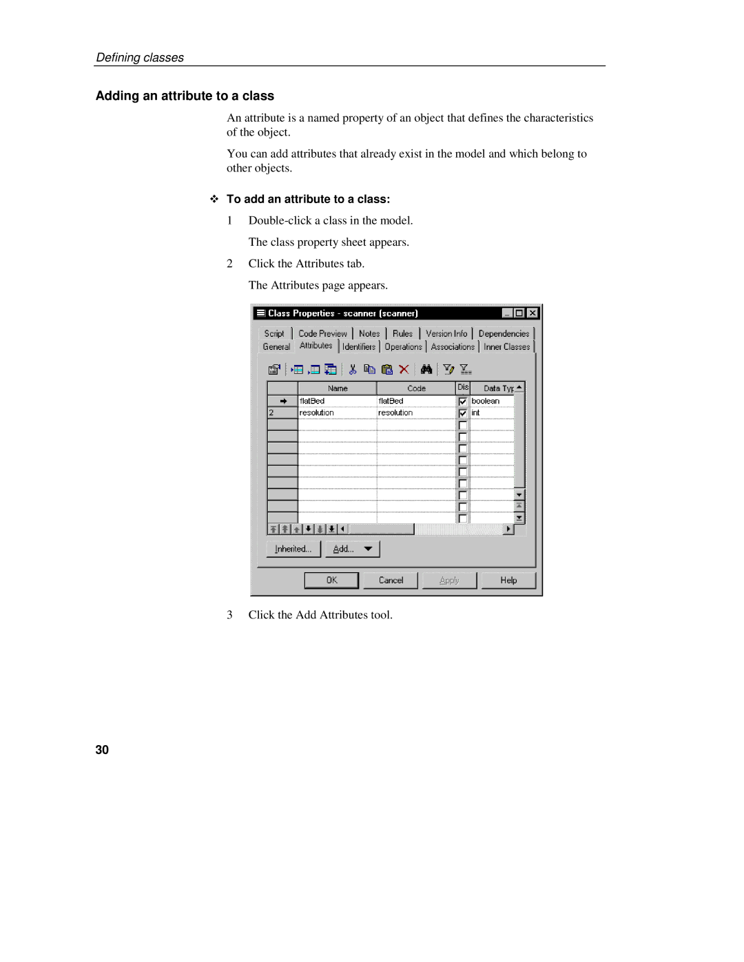 Sybase 7.5 manual Adding an attribute to a class, To add an attribute to a class 