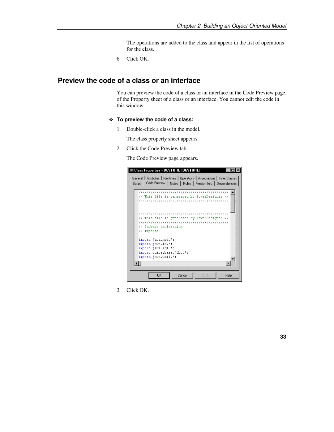 Sybase 7.5 manual Preview the code of a class or an interface, To preview the code of a class 