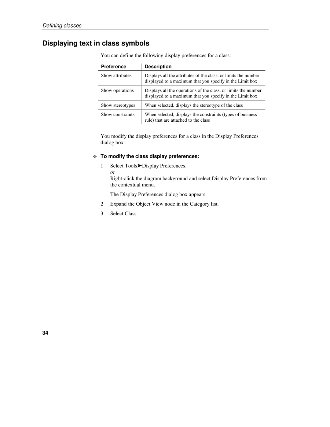 Sybase 7.5 manual Displaying text in class symbols, To modify the class display preferences 