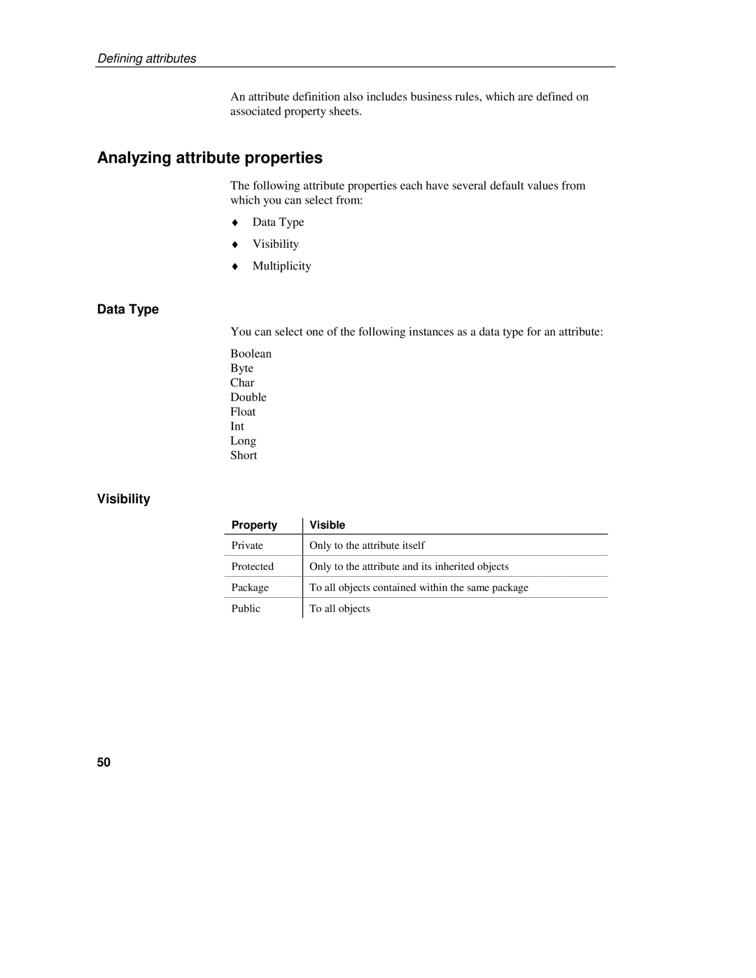 Sybase 7.5 manual Analyzing attribute properties, Data Type 