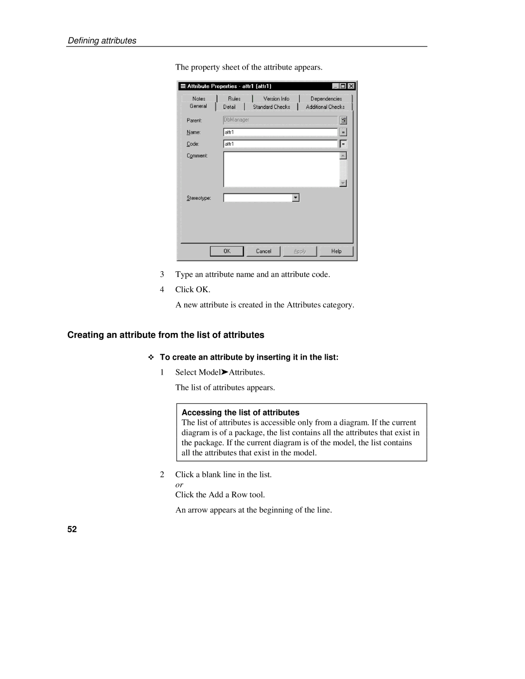 Sybase 7.5 manual Creating an attribute from the list of attributes, To create an attribute by inserting it in the list 