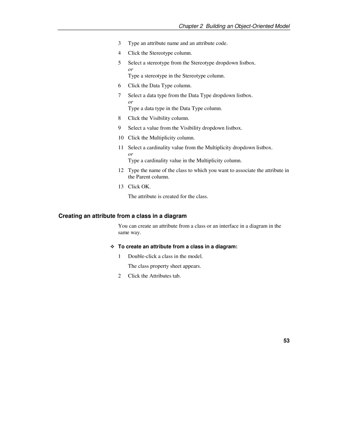 Sybase 7.5 manual Creating an attribute from a class in a diagram, To create an attribute from a class in a diagram 