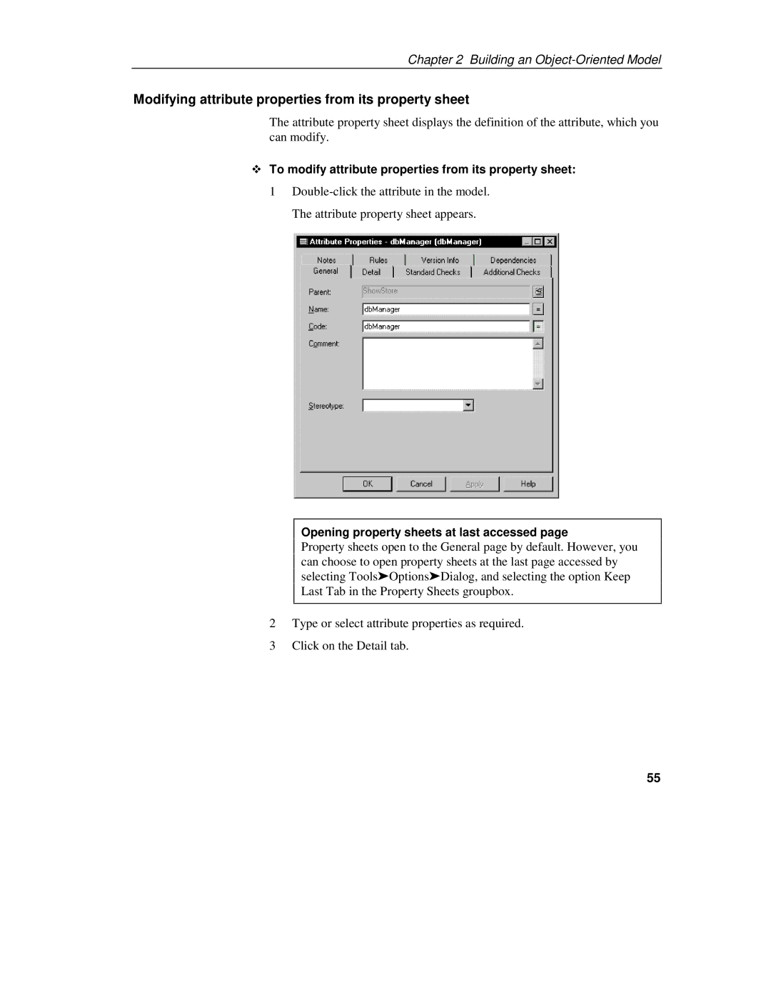 Sybase 7.5 Modifying attribute properties from its property sheet, To modify attribute properties from its property sheet 