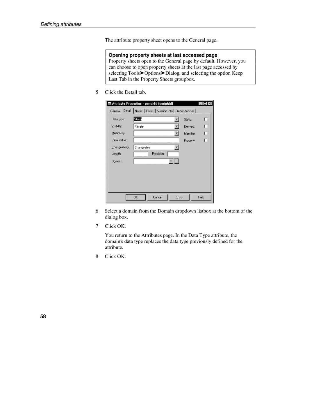 Sybase 7.5 manual Attribute property sheet opens to the General, Opening property sheets at last accessed 