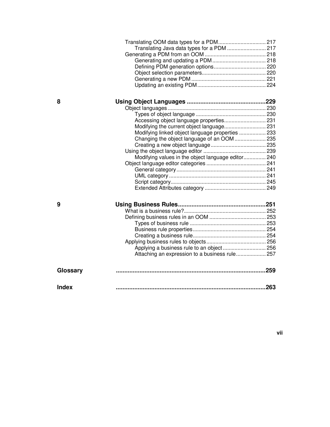 Sybase 7.5 manual Using Object Languages 229, Vii 