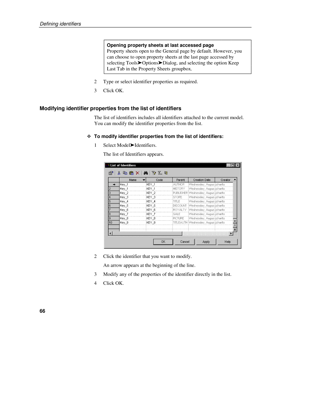 Sybase 7.5 manual Modifying identifier properties from the list of identifiers 