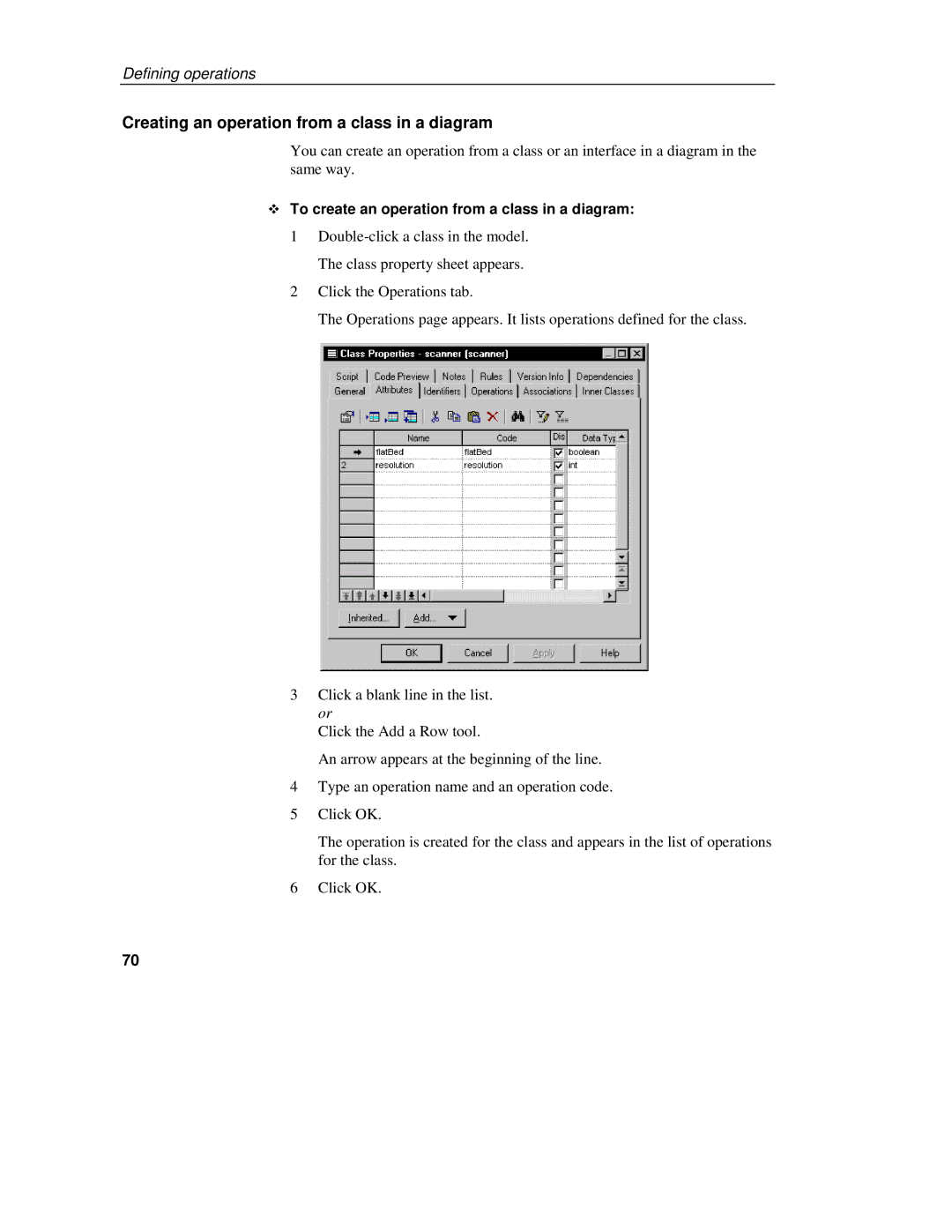 Sybase 7.5 manual Creating an operation from a class in a diagram, To create an operation from a class in a diagram 