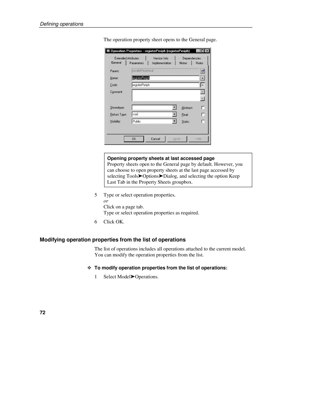 Sybase 7.5 manual Modifying operation properties from the list of operations, Operation property sheet opens to the General 