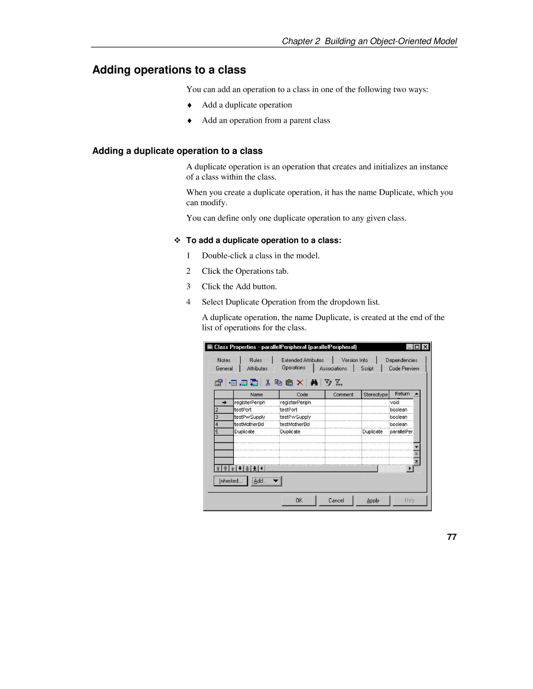 Sybase 7.5 Adding operations to a class, Adding a duplicate operation to a class, To add a duplicate operation to a class 