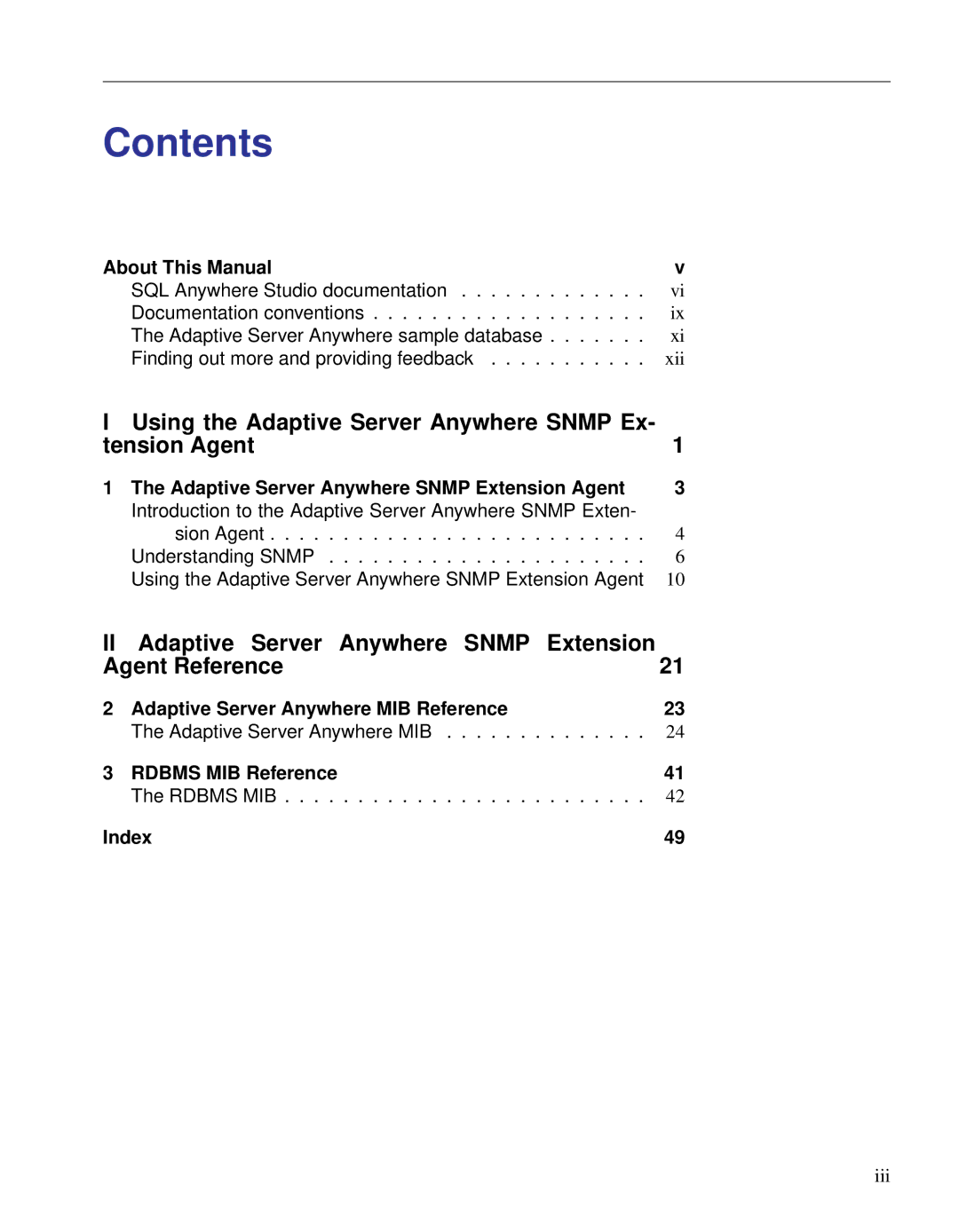 Sybase Adaptive Server Anywhere SNMP Extension Agent manual Contents 