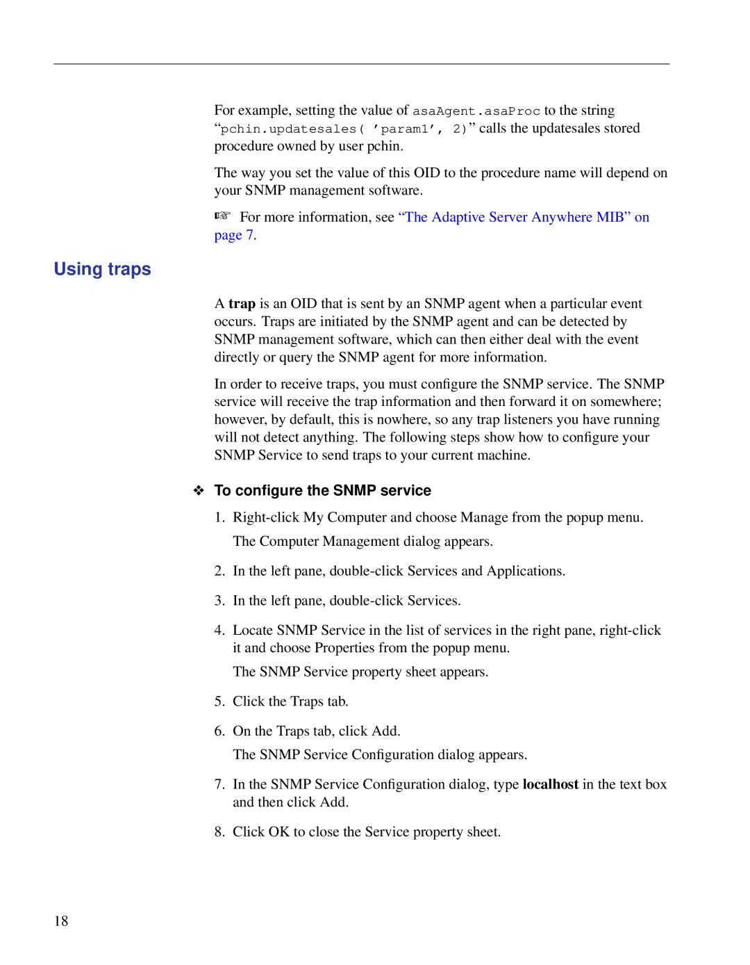 Sybase Adaptive Server Anywhere SNMP Extension Agent manual Using traps, To conﬁgure the Snmp service 