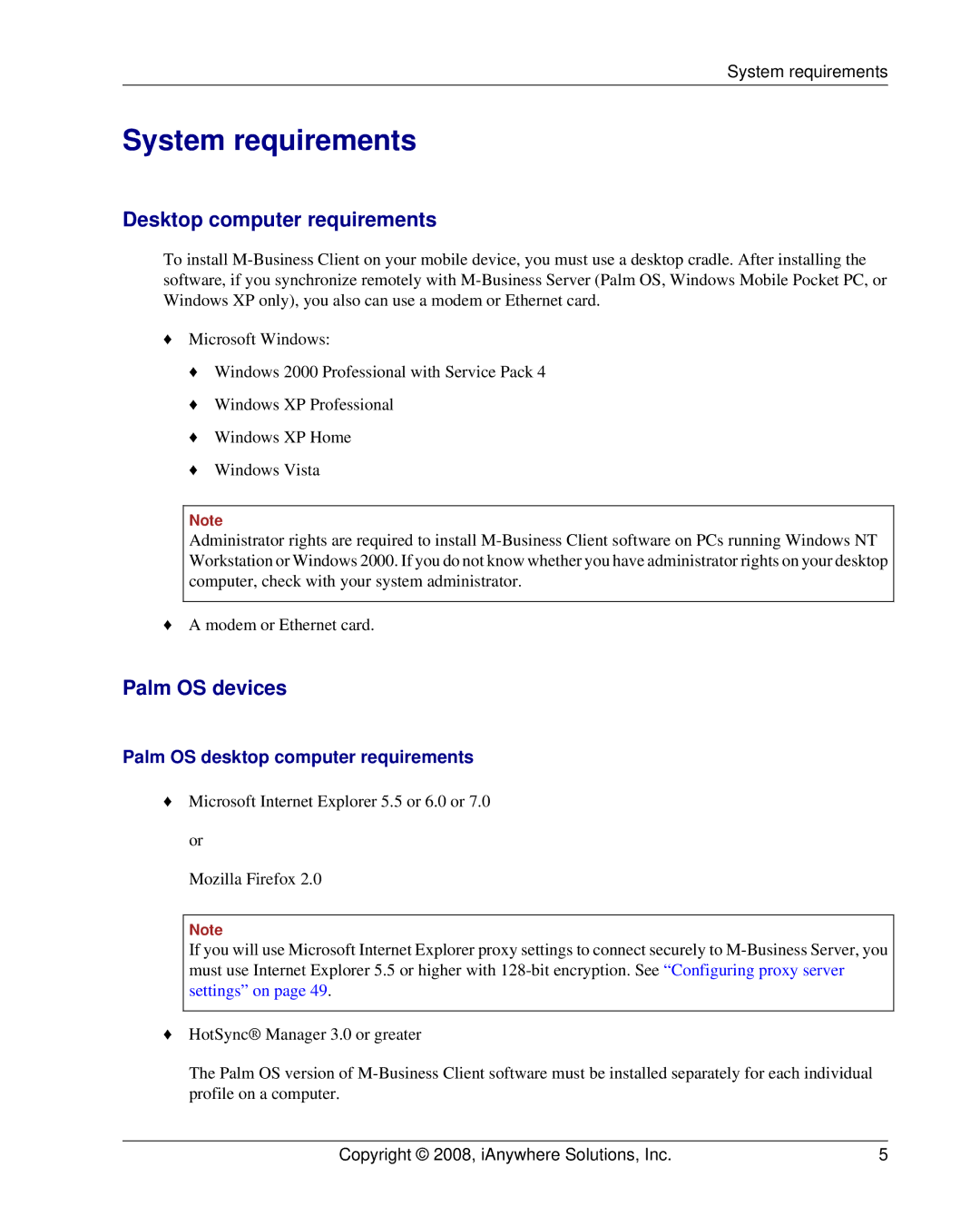 Sybase DC00297-01-0670-01 manual System requirements, Desktop computer requirements, Palm OS devices 