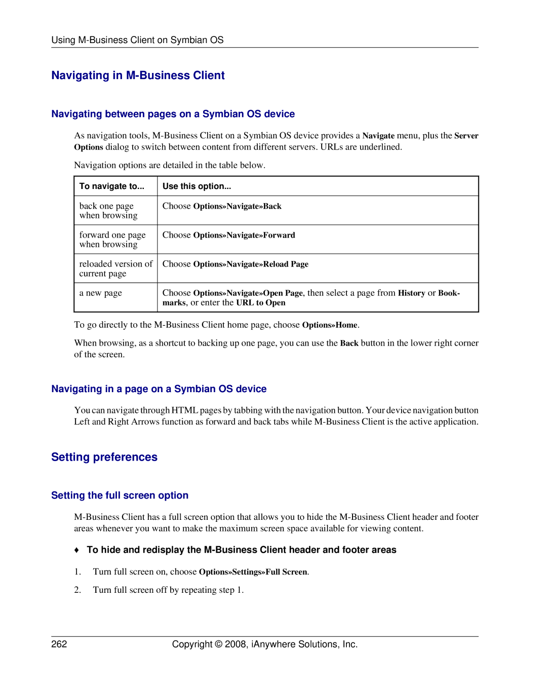 Sybase DC00297-01-0670-01 Navigating between pages on a Symbian OS device, Navigating in a page on a Symbian OS device 