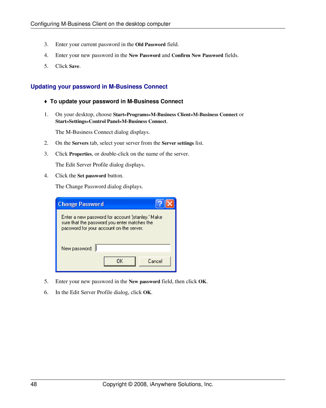 Sybase DC00297-01-0670-01 Updating your password in M-Business Connect, To update your password in M-Business Connect 