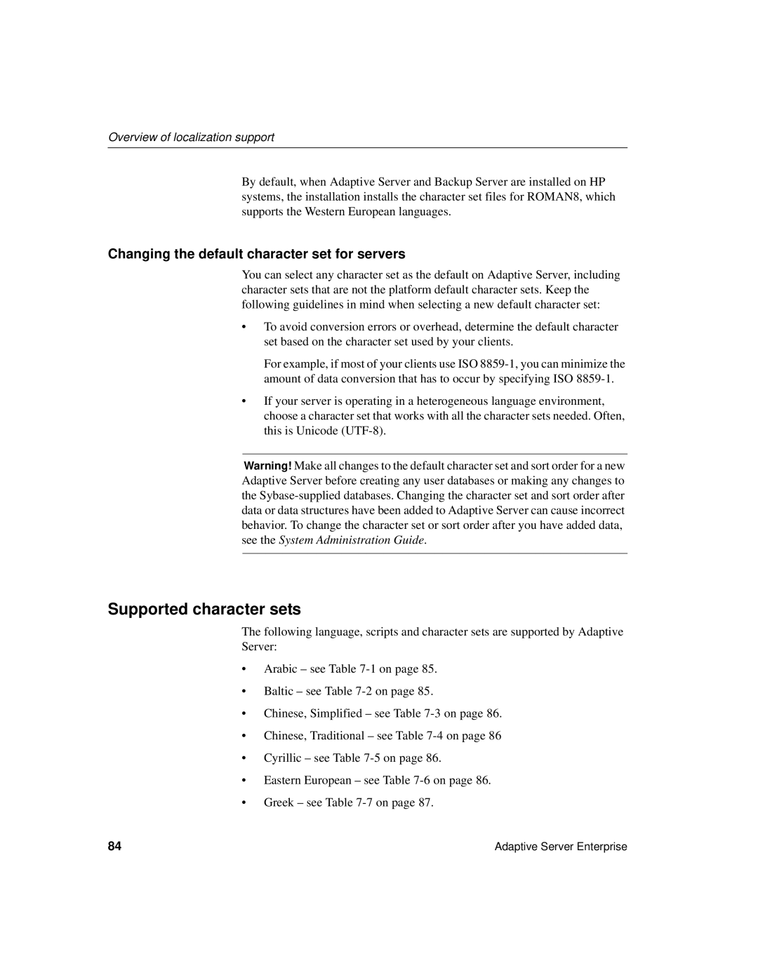 Sybase DC35823-01-1500-04 manual Supported character sets, Changing the default character set for servers 