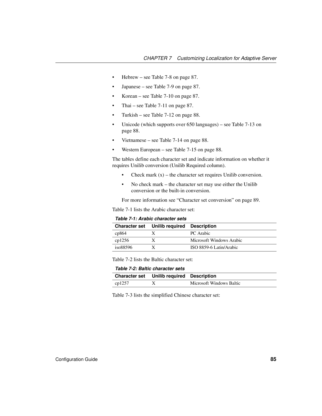 Sybase DC35823-01-1500-04 manual Lists the Baltic character set, Lists the simplified Chinese character set 