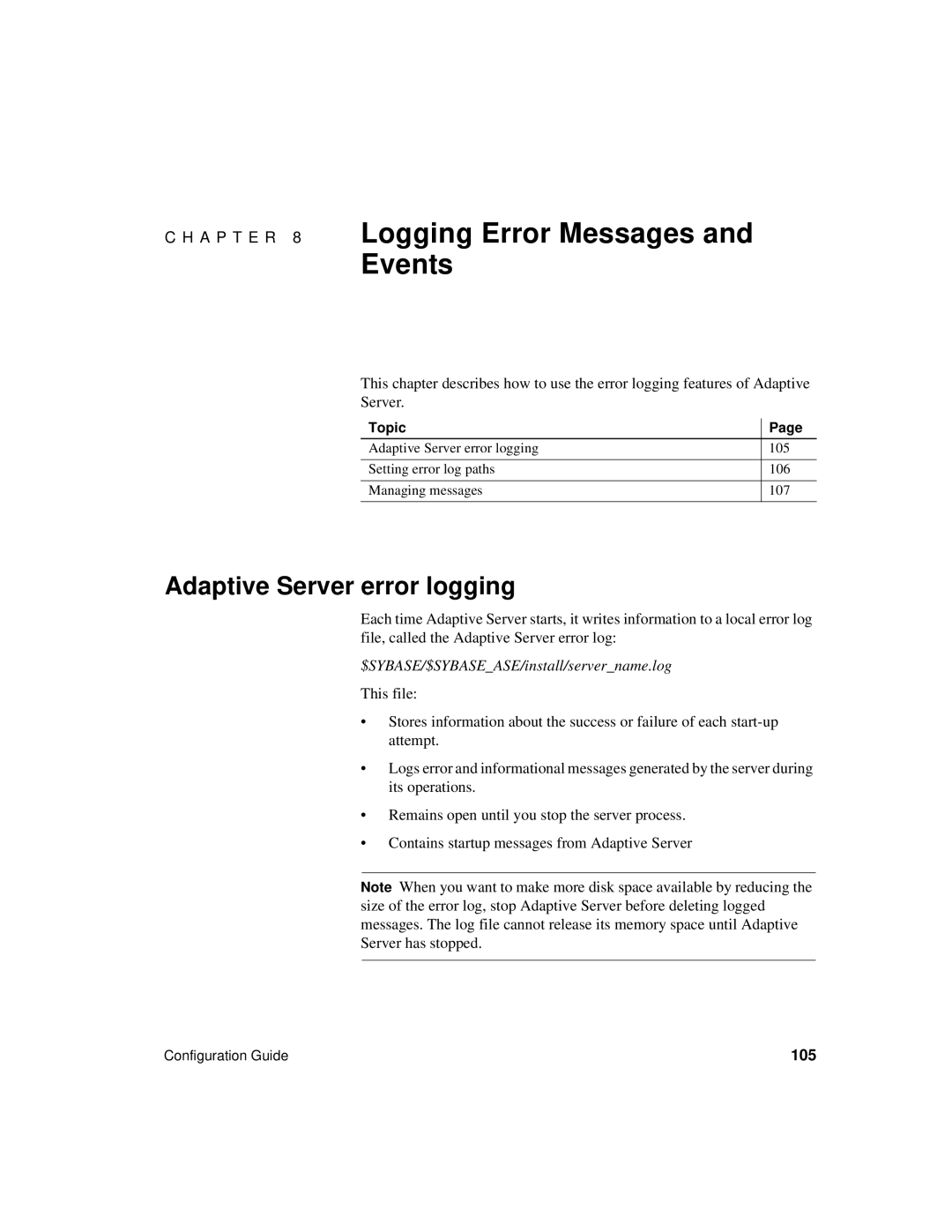 Sybase DC35823-01-1500-04 manual Logging Error Messages and Events, Adaptive Server error logging 