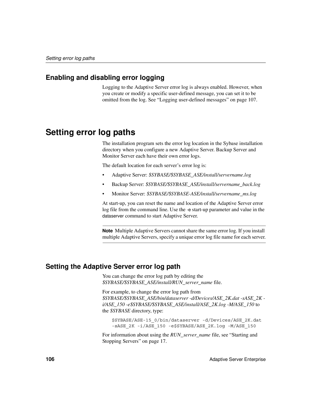 Sybase DC35823-01-1500-04 manual Setting error log paths, Enabling and disabling error logging, 106 