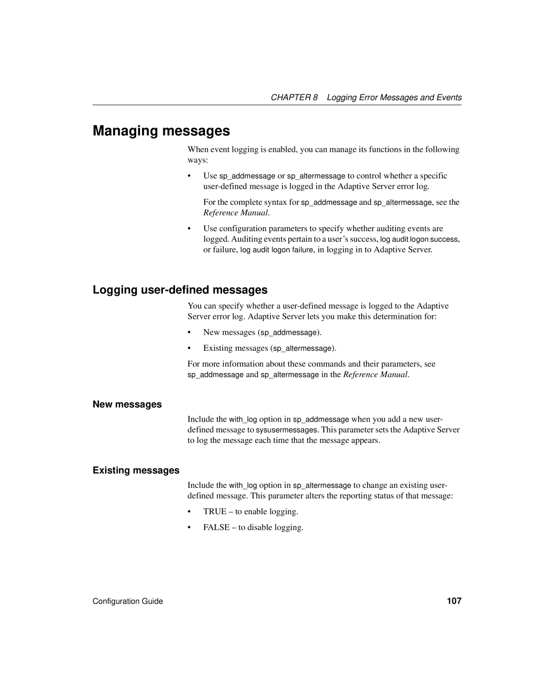 Sybase DC35823-01-1500-04 manual Managing messages, Logging user-defined messages, Logging Error Messages and Events, 107 