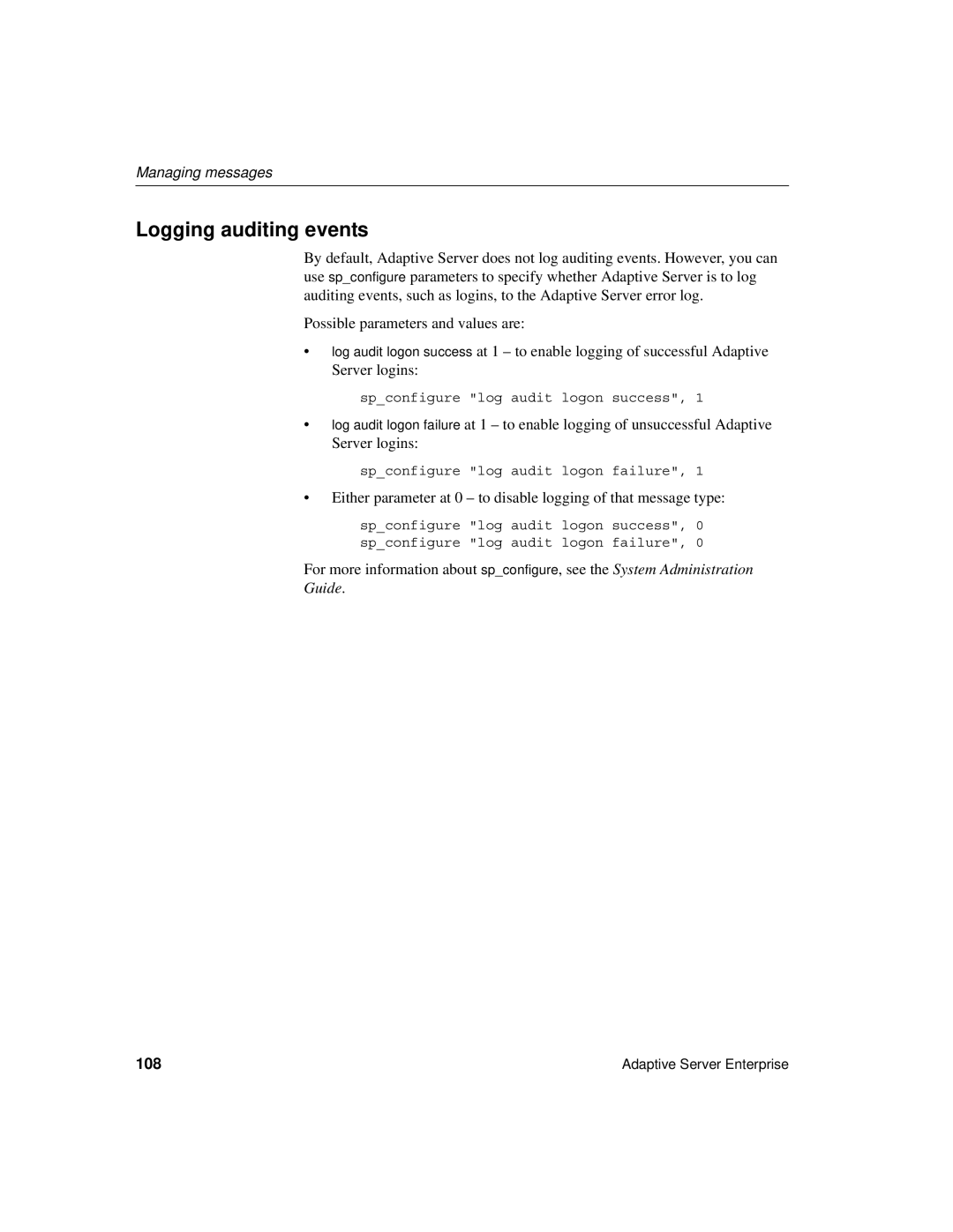 Sybase DC35823-01-1500-04 manual Logging auditing events, Managing messages, 108 