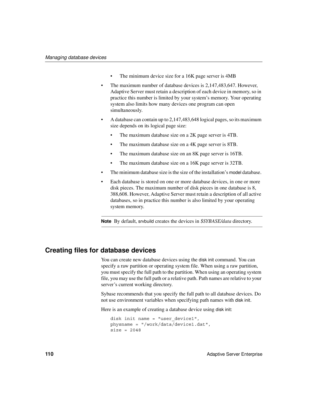 Sybase DC35823-01-1500-04 manual Creating files for database devices, Managing database devices, 110 