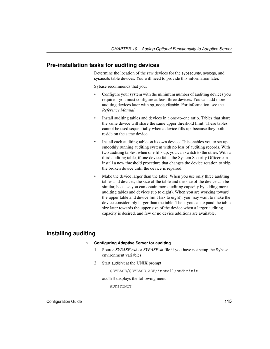 Sybase DC35823-01-1500-04 manual Pre-installation tasks for auditing devices, Installing auditing, 115 