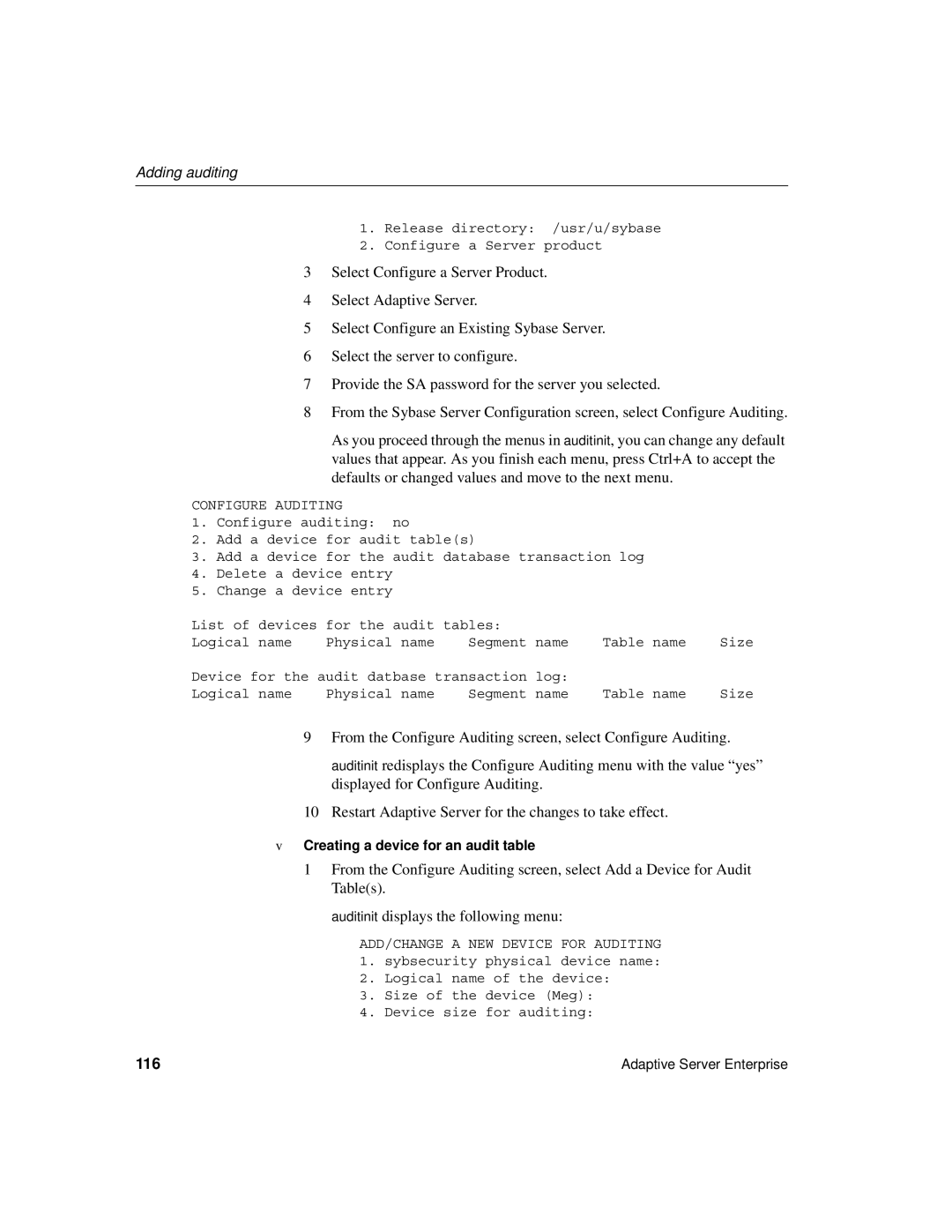 Sybase DC35823-01-1500-04 manual 116, Creating a device for an audit table 