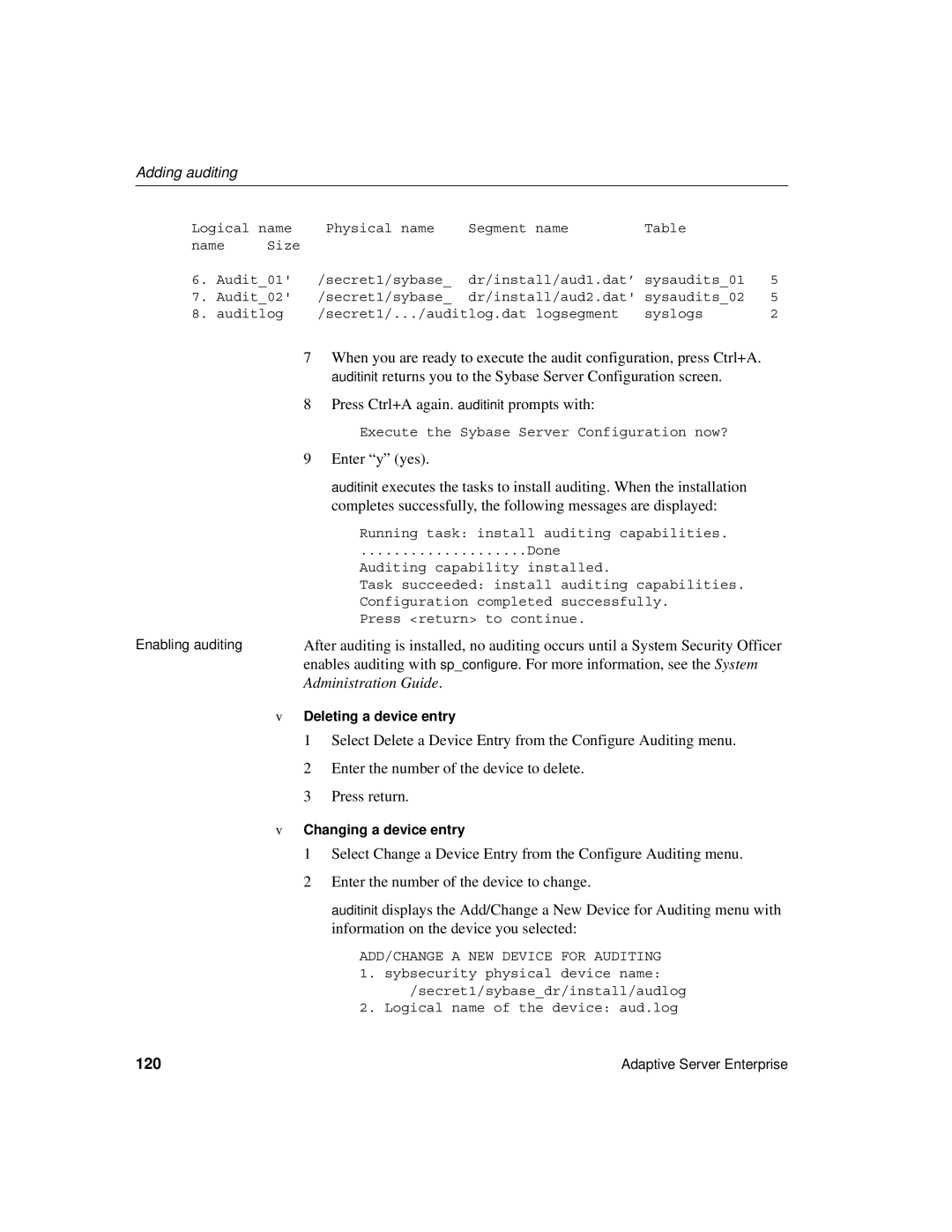 Sybase DC35823-01-1500-04 manual Press Ctrl+A again. auditinit prompts with, Enter y yes, Press return, 120 