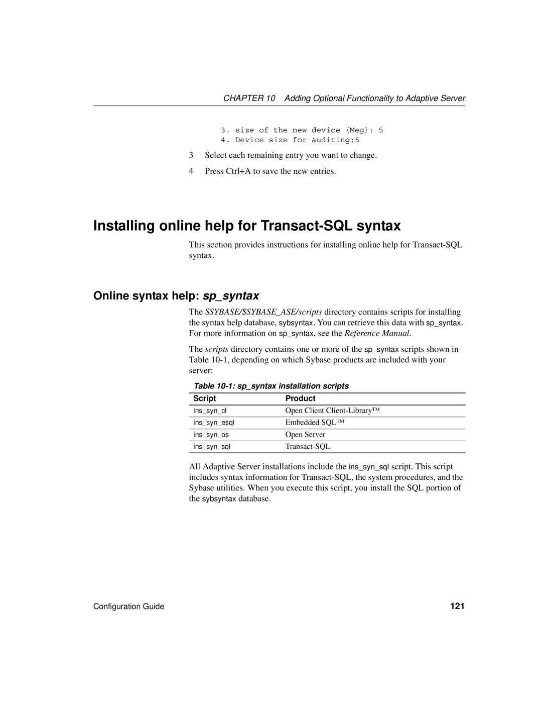 Sybase DC35823-01-1500-04 Installing online help for Transact-SQL syntax, Online syntax help spsyntax, 121, Script Product 