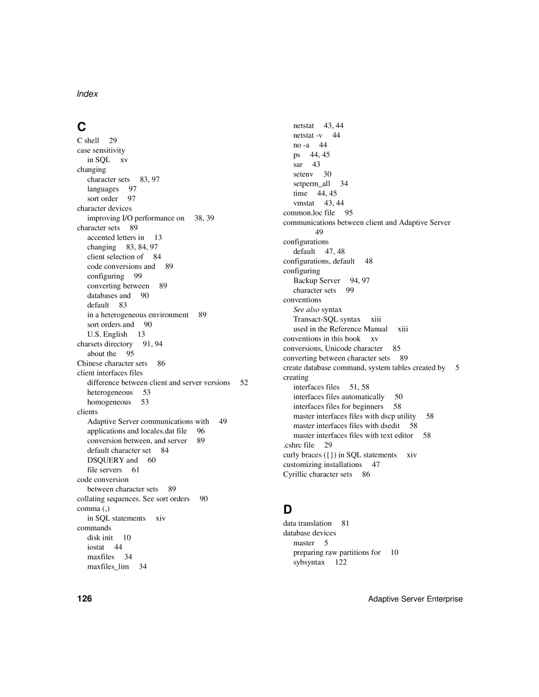 Sybase DC35823-01-1500-04 manual Index, 126 