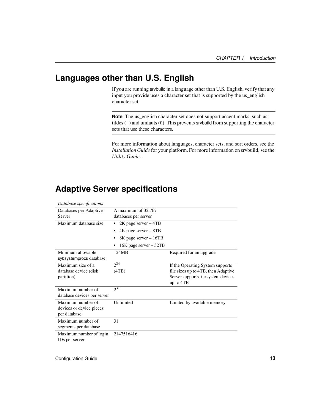 Sybase DC35823-01-1500-04 manual Languages other than U.S. English, Adaptive Server specifications 