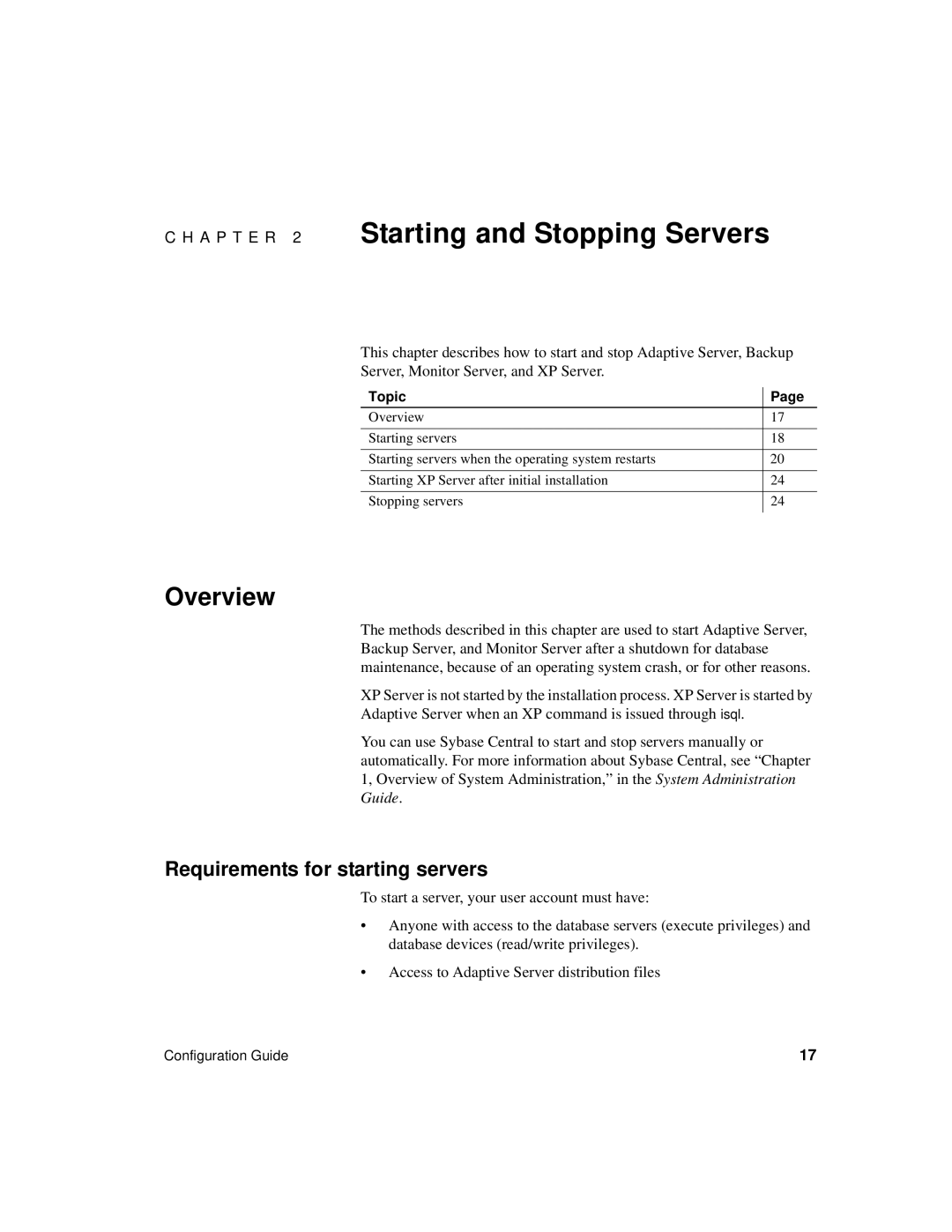 Sybase DC35823-01-1500-04 manual A P T E R 2 Starting and Stopping Servers, Overview, Requirements for starting servers 