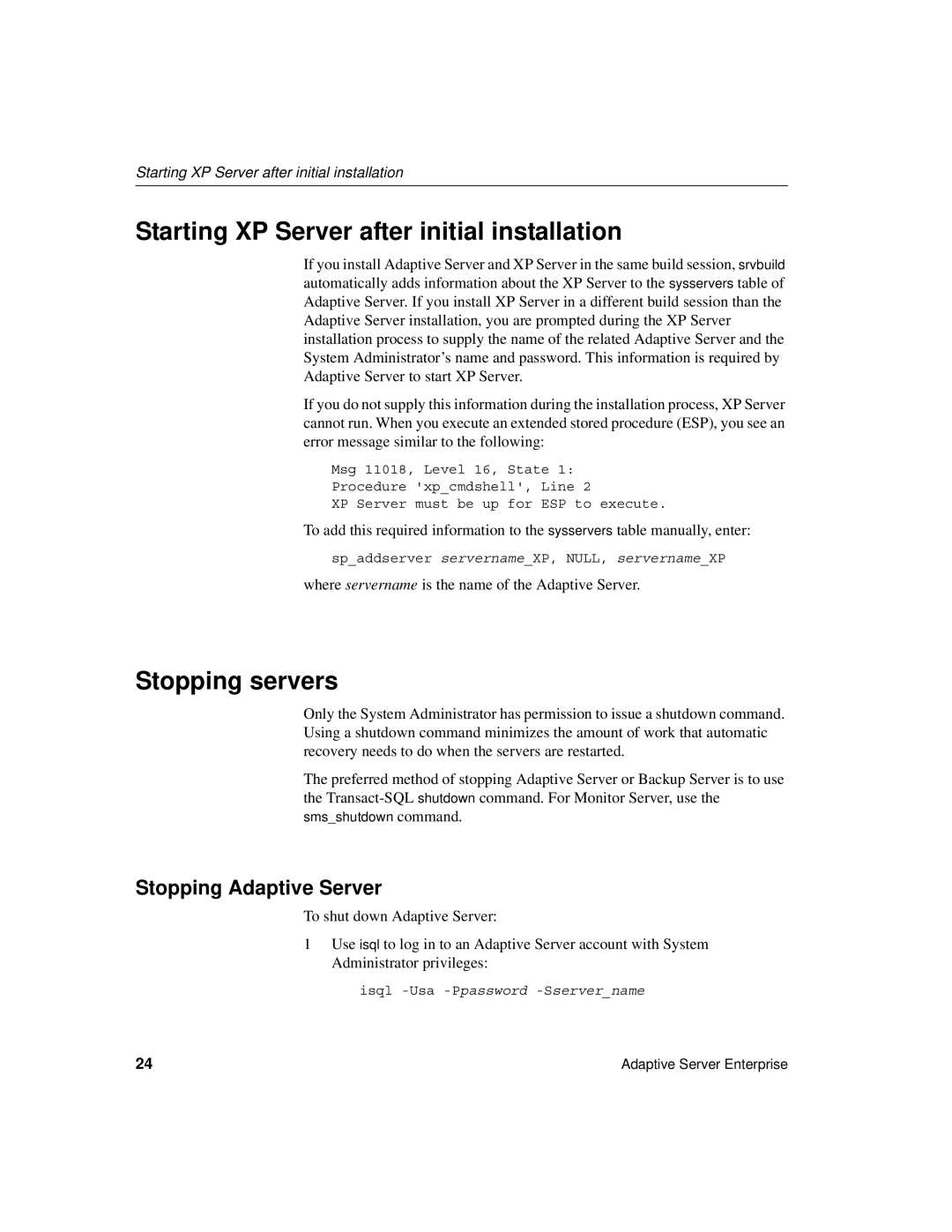 Sybase DC35823-01-1500-04 manual Starting XP Server after initial installation, Stopping servers, Stopping Adaptive Server 